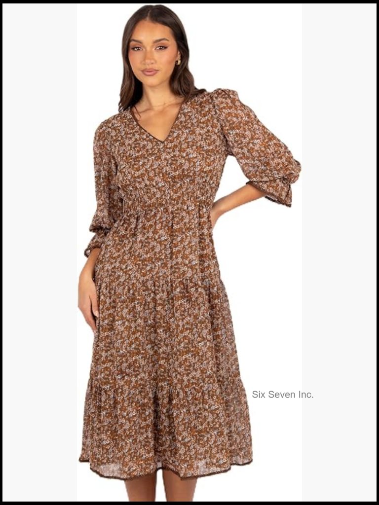 Polyester Midi Dress With V-Neck And Shirred Waist